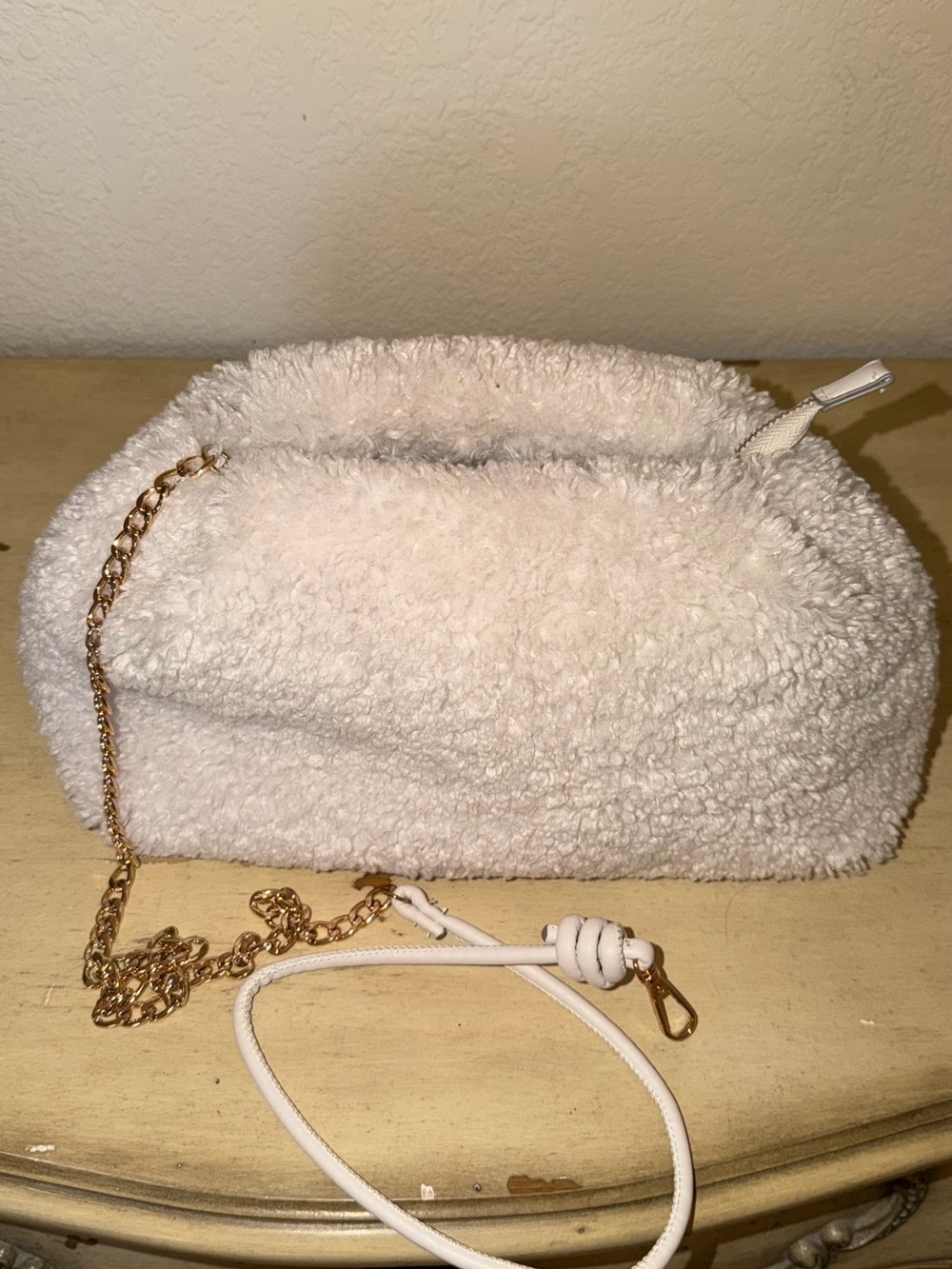 Target Cream Faux Shearling Crossbody Bag with Gold Chain